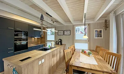 komplette Küchenzeile mit Geschirrspüler, Mikrowelle, Backofen, Kühlschrank mit Eisfach, Cerankochfeld, Raclette und diversen Küchenutensilien