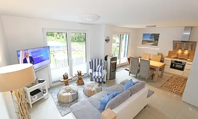 Wohn-/ Essbereich mit TV und Kamin