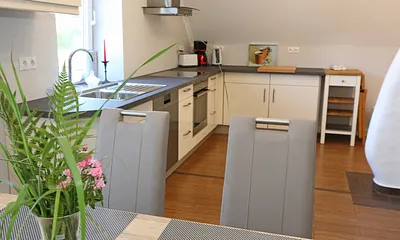 vollausgestattete Küche mit Geschirrspüler, Backofen mit Ceranfeld, Abzugshaube, großem Kühlschrank mit Eisfach, Mikrowelle, Kaffeemaschine, Toaster & Wasserkocher 