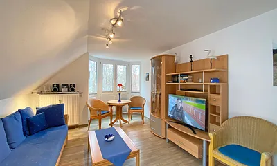 Wohnbereich mit Couch, Couchtisch sowie TV-Board, Leselampe, LCD-Flachbildschirm, Blu-Ray-Player und Mini-Stereo-Anlage sowie Insektenschutzgitter