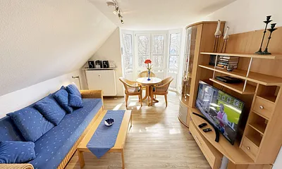 Wohnbereich mit Couch, Couchtisch sowie TV-Board, Leselampe, LCD-Flachbildschirm, Blu-Ray-Player und Mini-Stereo-Anlage sowie Insektenschutzgitter