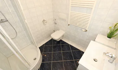 Badezimmer mit Dusche, Fön, Waschtisch, Kosmetikspiegel, WC und Handtuchheizkörper