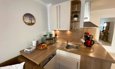 angrenzende Pantry-Küche mit Edelstahlspüle, 4-Zonen-Cerankochfeld, Kühlschrank mit Gefrierfach, Geschirrspüler, Mikrowelle, Dunstabzugs-Kombination, Kaffeemaschine, Wasserkocher und Toaster