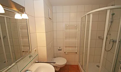 Badezimmer mit Dusche, Waschtisch und WC