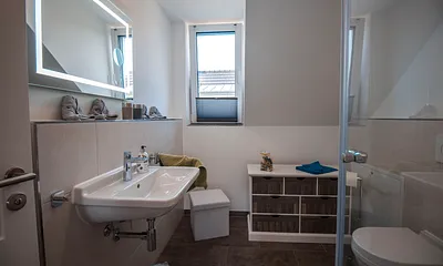 Badezimmer mit Dusche und Multimedia-Spiegel