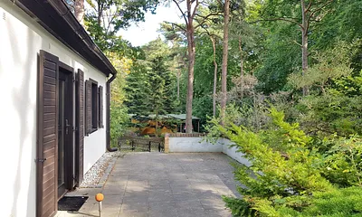 Blick auf die Terrasse und den Garten Ende Oktober