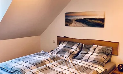 Schlafzimmer mit TV und Doppelbett im OG