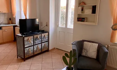 Offener Wohn-Küchenbereich mit Tür zum Garten