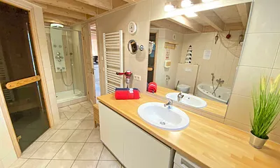 Badezimmer mit Dusche, Sauna, Whirlpool, Waschplatz, WC, Fön, Waschmaschine und Trockner 