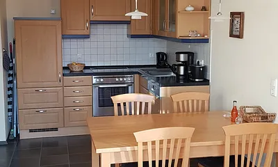 Die offene Küche mit Ceranfeld und Geschirrspüler