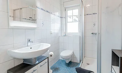 Kleines Badezimmer mit Dusche und WC (am großen Schlafzimmer)