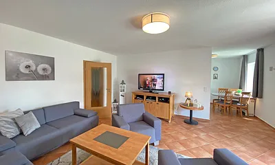 Wohnbereich mit Massivmöbeln, Stehlampe, zwei Sessel, zwei Couchen, 42 Zoll LCD-TV und ein CD/ Blu-Ray-Player