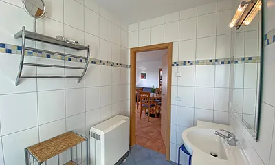Tageslichtbad mit Dusche, Waschtisch, Fön, Kosmetikspiegel, Wäscheständer und WC 
