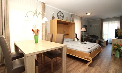 das ausgeklappte Schrankbett im Wohnzimmer