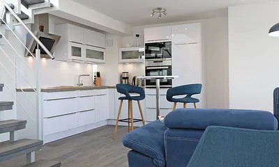 Küchenzeile mit 4-Zonen-Cerankochfeld, Backofen, Spülmaschine, Kühlschrank mit separaten Gefrierfach, Kaffeemaschine, Nespresso Kaffeemaschine, Toaster, Wasserkocher & Mixer