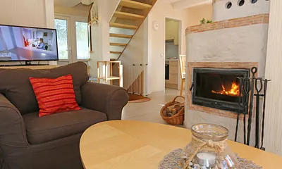 Wohnbereich mit Kamin und TV