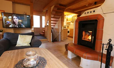 Wohnbereich mit Kamin und TV