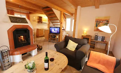 Wohnbereich mit Kamin und TV