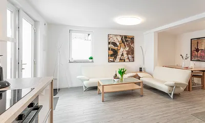 Wohnzimmer mit Küche und Kaminofen