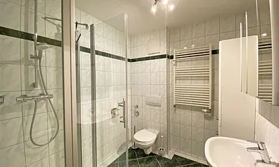 Badezimmer mit Dusche (niedriger Einstieg), WC, Schränken, Kosmetikspiegel und Fön