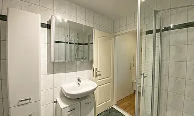 Badezimmer mit Dusche (niedriger Einstieg), WC, Schränken, Kosmetikspiegel und Fön