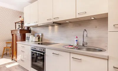 Die Küchenzeile mit Geschirrspüler, Backofen, Mikrowelle und Kühlgefrierkombination.