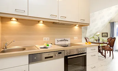 Die Küchenzeile ist komplett ausgestattet mit Backofen ...