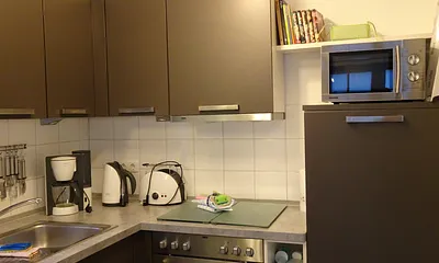 Küche mit Spülmaschine, Ceran Kochfeld, Backofen, Mikrowelle, Kühlschrank