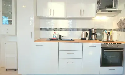 Küchenzeile mit Geschirrspülmaschine, Umluftbackofen, Mikrowelle, Kühlschrank mit Gefrierfach