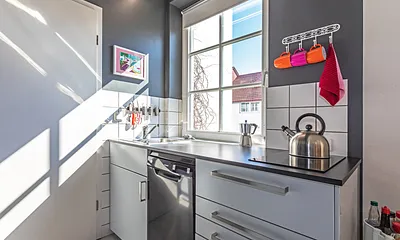 Die  Küchenzeile mit Geschirrspüler, Mikrowelle und 2-Platten-Cerankochfeld.