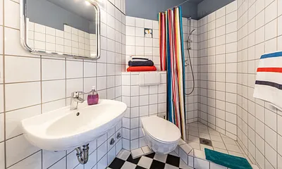 Das Bad mit Dusche, WC und Fön.