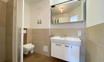 Badezimmer mit ebenerdiger Dusche, Waschtisch, WC, Handtuchtrockner und Fön