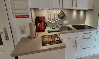 Küchenzeile mit GS, Cerankochfeld, Kühlschrank und Ofen