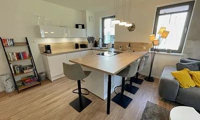 Küchenzeile mit Geschirrspüler, Induktionskochfeld, Kühlschrank mit Gefrierfach, Backofen, Mikrowelle, Toaster, Wasserkocher, Kaffeemaschine SENSEO Duo (Pad-Maschine + Filter), Eierkocher & Mixer 