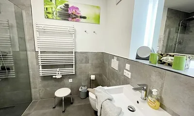 Badezimmer mit ebenerdiger Dusche, Waschtisch mit Spiegel, Handtuchheizkörper, Fön, Kosmetikspiegel, WC und Waschmaschine