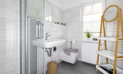 Tageslicht-Bad mit ebenerdiger Dusche, WC, Fön sowie ein Waschplatz mit dazugehörigem Spiegel