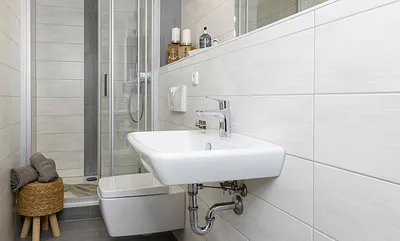 Badezimmer mit Dusche, WC, Fön sowie ein Waschplatz mit dazugehörigem Spiegel