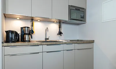 Küchenzeile mit Spülmaschine, Kühlschrank mit Eisfach, Dunstabzugshaube, Wasserkocher, Kaffeemaschine, Toaster, Induktionsfeld und Mikrowelle. 