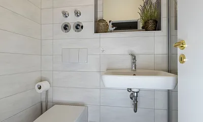 innenliegendes Badezimmer mit Dusche, WC, Fön sowie ein Waschplatz mit dazugehörigem Spiegel