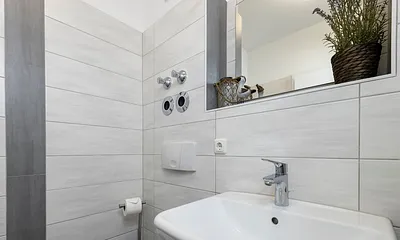 innenliegendes Badezimmer mit Dusche, WC, Fön sowie ein Waschplatz mit dazugehörigem Spiegel