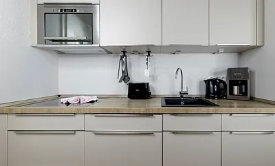 offene und voll ausgestattete Küchenzeile mit Spülmaschine, Kühlschrank mit Eisfach, Dunstabzugshaube, Wasserkocher, Kaffeemaschine, Toaster, Induktionsfeld und Mikrowelle