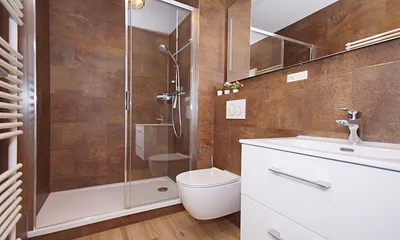 innenliegendes Badezimmer mit Dusche, WC, Fön sowie ein Waschplatz mit dazugehörigem Spiegel