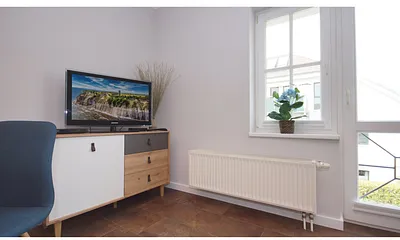 Wohnbereich mit einer Couch (Aufbettungsmöglichkeit 1,40m x 1,90m), Couchtisch, Sessel, Stehlampe sowie eine Kommode mit Flachbild-TV