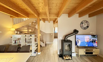 Ferienhaus Ilsebill - Wohnbereich mit Blick auf den Kamin und TV