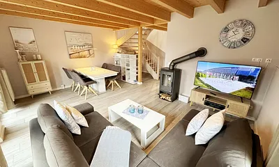 Ferienhaus Ilsebill - Relaxebereich mit TV und Kamin
