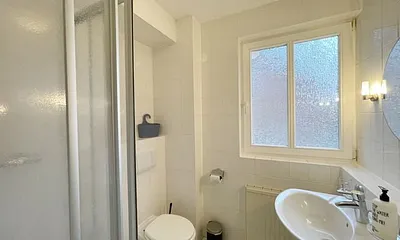 Tageslicht-Badezimmer mit Eck-Dusche, Fön, WC, beleuchteter Spiegel, Ablage, Waschplatz sowie ein Insektenschutzgitter