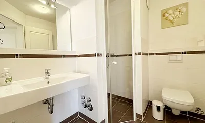 Badezimmer mit ebenerdiger Dusche, WC, Fön und Handtuchheizkörper