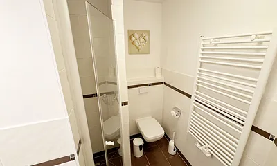 Badezimmer mit ebenerdiger Dusche, WC, Fön und Handtuchheizkörper