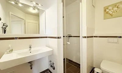 Badezimmer mit ebenerdiger Dusche, WC, Fön und Handtuchheizkörper