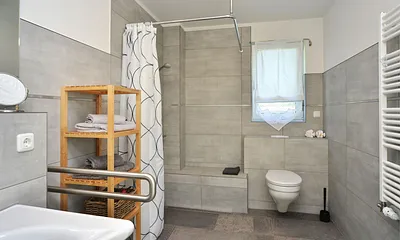 behindertenfreundliches Bad im EG , ebenerdige Dusche mit Sitzbank und  Haltegriffen